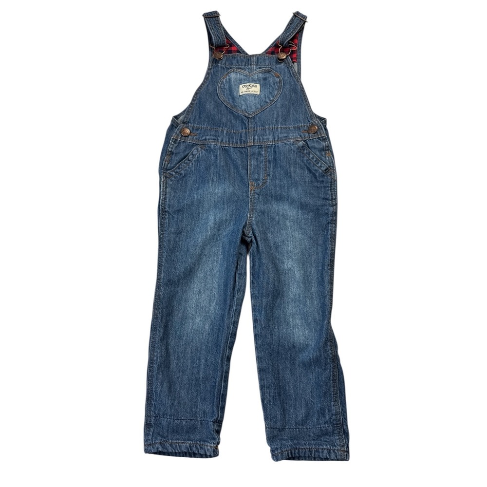 OshKosh B'gosh Denim Overalls Jumper Plaid Bib Blue Heart Pocket Size 4T Vintage